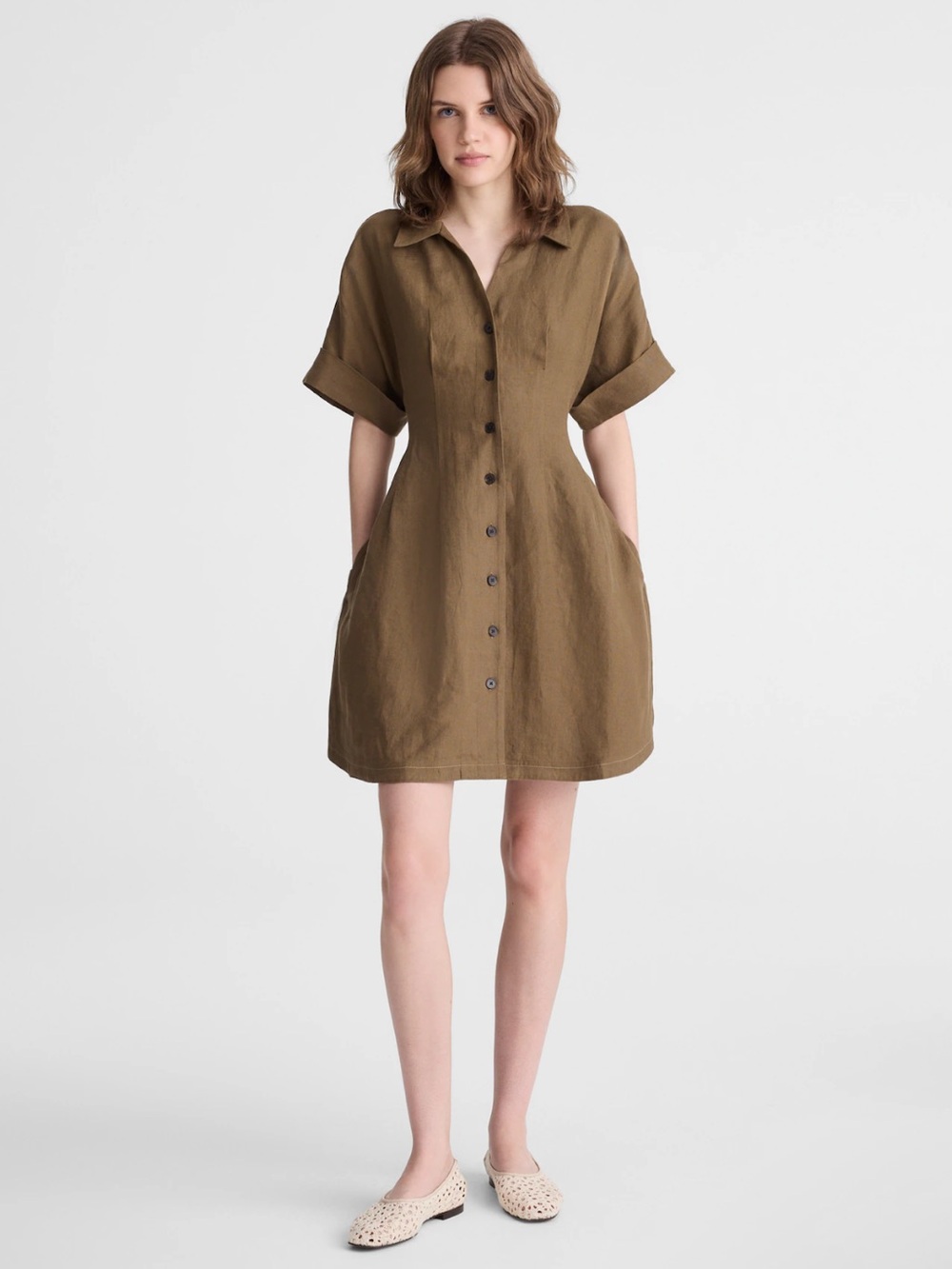 NWT Madewell - The Perry Mini Shirtdress in 100% Linen - Safari Khaki - XS